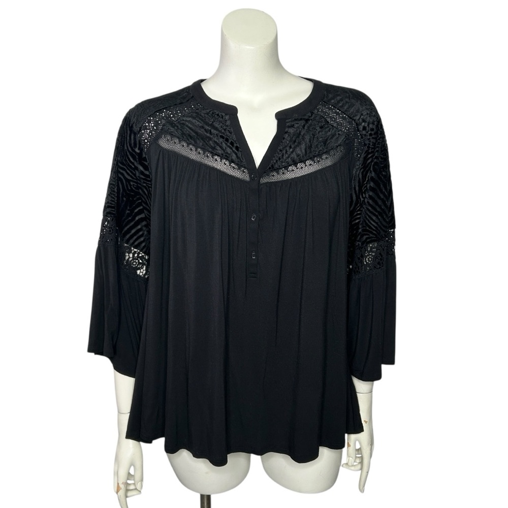 Rafaella Womens 3X Black Top Boho Burnout Velvet Bell Sleeves